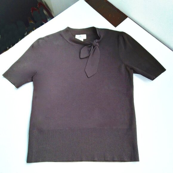 Vintage Brown High Neck Short Sleeve Pullover Sweater With Bow Detail Sz M - Picture 1 of 8